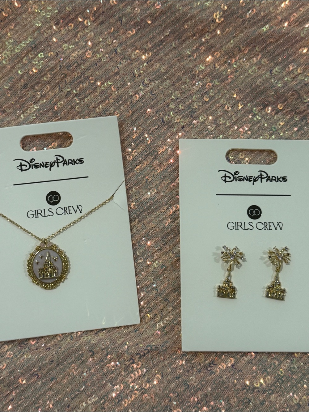 Disney Parks Girls Crew Gold Castle Pendant Necklace and Earrings Set
